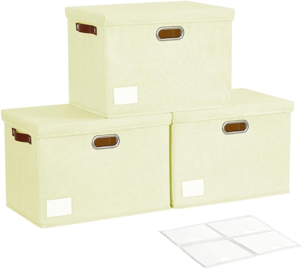 17" Large Collapsible Storage Bins with Lids, Stackable Closet Organizers with PU Handle and Labels, 3-Pack Decorative Fabric Storage Boxes for Home, Bedroom, Closet, Office, Nursery(Beige)