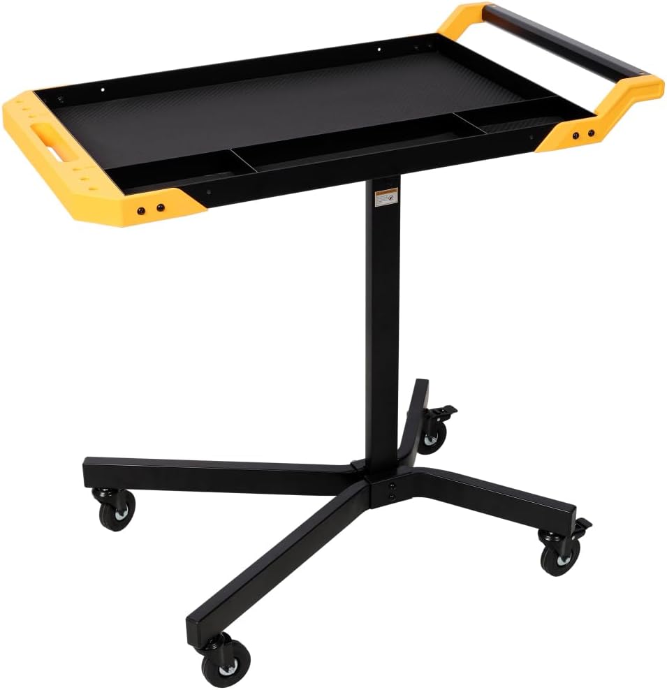 Adjustable Height Mobile Work Table, Rolling Work Bench with Tool Tray and 4 Casters, Portable Rolling Tool Cart for Garage Workshop Repair Shop DIY, 34 to 48 Inch Height Range Stable Luxebough