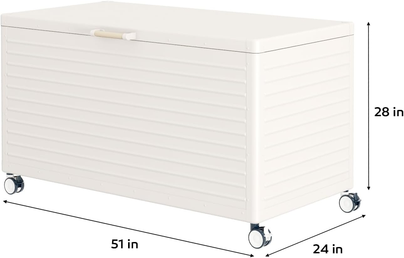 MIRADOR 134 Gallon Outdoor Storage Box Waterproof, Metal Deck Box with wheels for Patio Furniture, Garden Tools, Outdoor Cushion, Latte