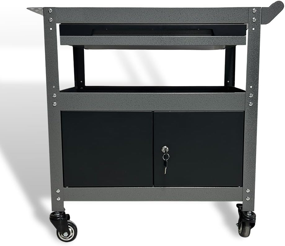 3 Tier Steel Rolling Cart for Tool Organizer, Industrial Grade Utility Service Carts with Drawer & Storage Lockable Cabinet, for Workshop Repair Shop Garage