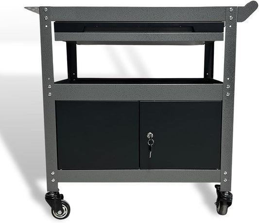 3 Tier Steel Rolling Cart for Tool Organizer, Industrial Grade Utility Service Carts with Drawer & Storage Lockable Cabinet, for Workshop Repair Shop Garage