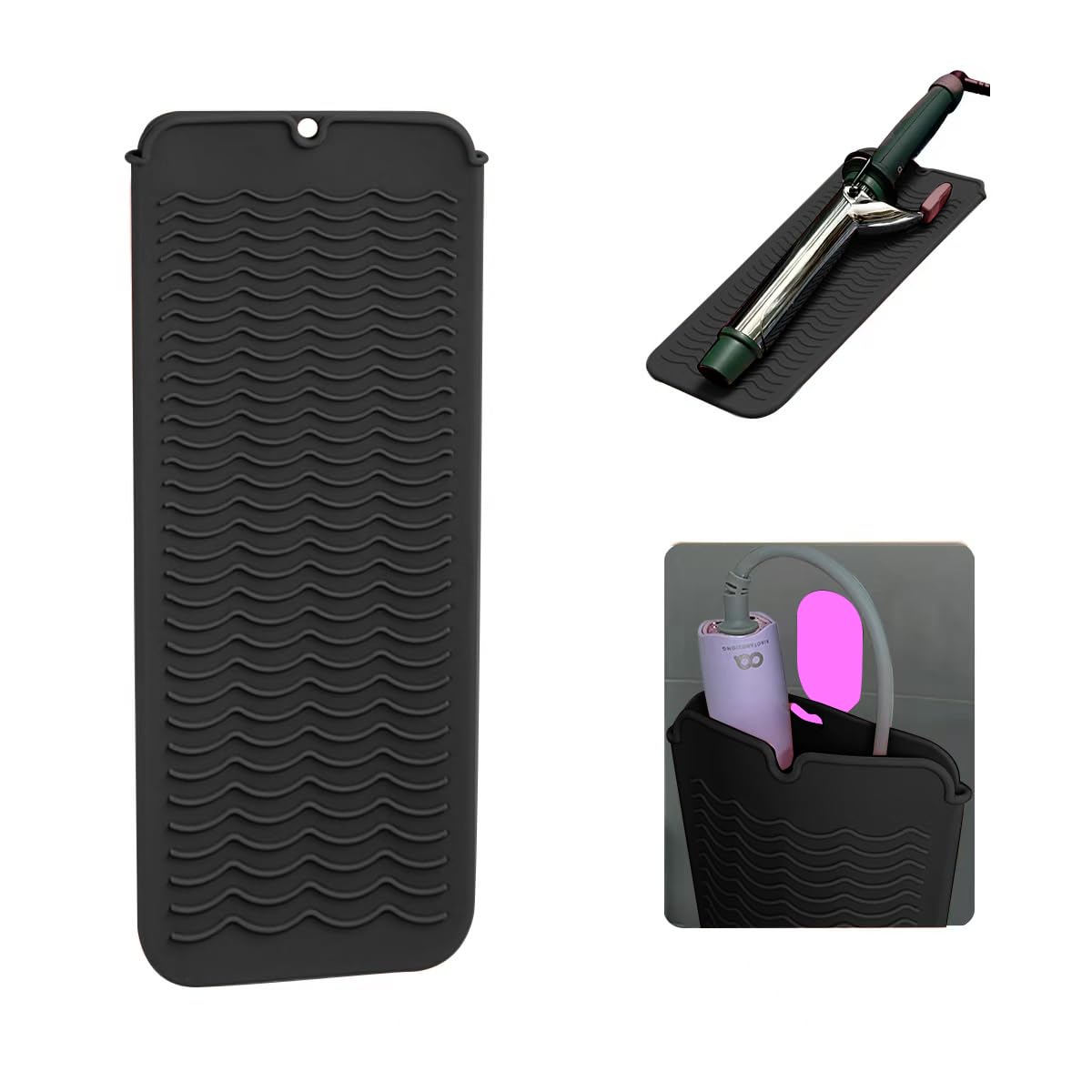Heat Resistant Silicone Mat with Hanging Hole, Straightener Heat Resistant Travel Mat & Pouch for Curling Iron, Flat Iron and Other Hot Hair Styling Tools, 11 x 5 in, Black