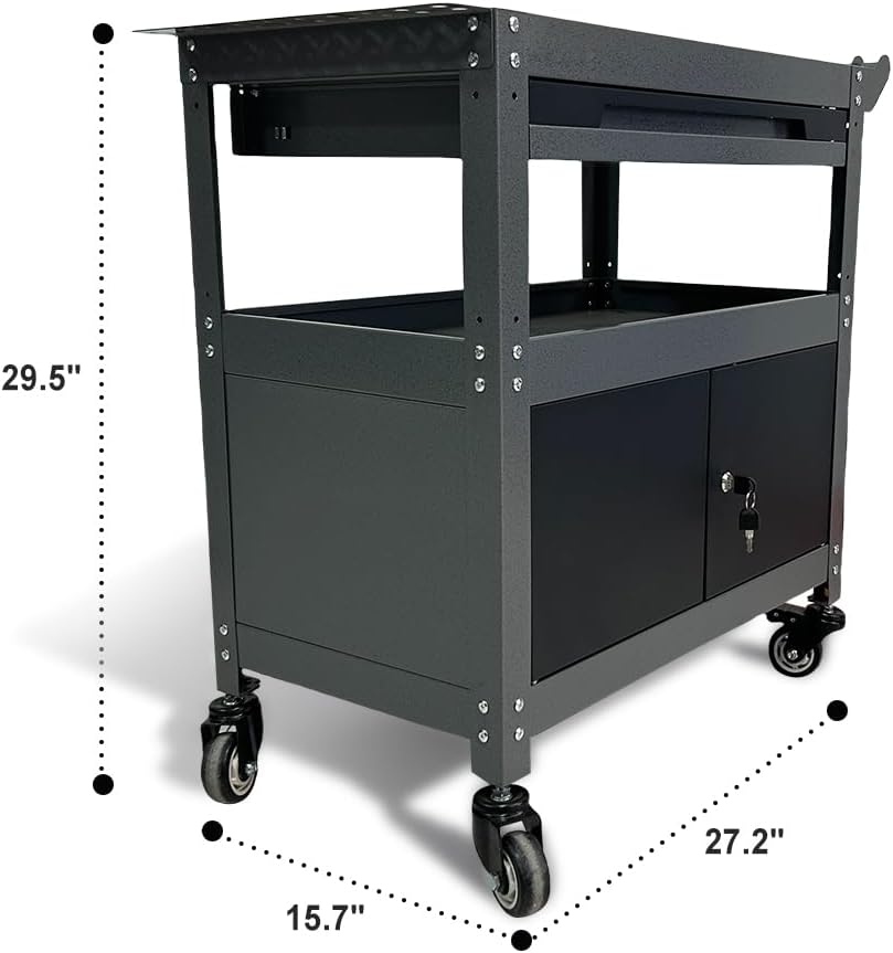 3 Tier Steel Rolling Cart for Tool Organizer, Industrial Grade Utility Service Carts with Drawer & Storage Lockable Cabinet, for Workshop Repair Shop Garage