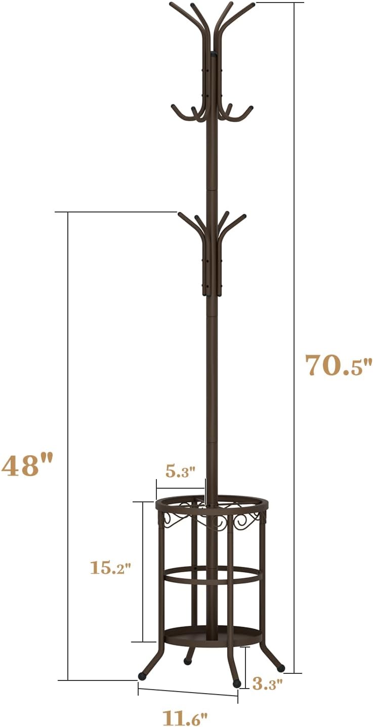 Coat Rack Freestanding With Umbrella Holder – Metal Hall Tree with 12 Hooks, Entryway Organizer for Hats, Bags, and Clothes (Brown)
