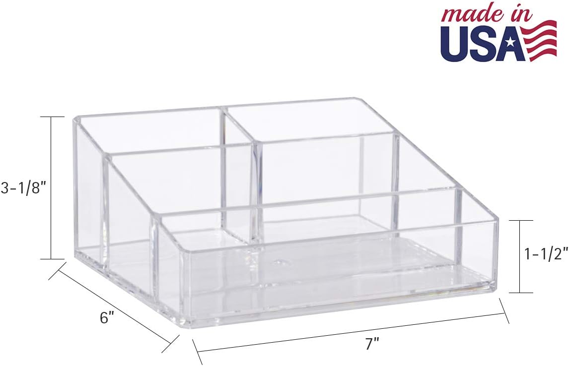 STORi Clear Plastic Small Countertop Vanity Makeup Organizer, Compact Rectangular 4-Compartment Holder for Brushes, Eyeshadow Palettes, & Beauty Supplies, Made in USA (Pack of 2)