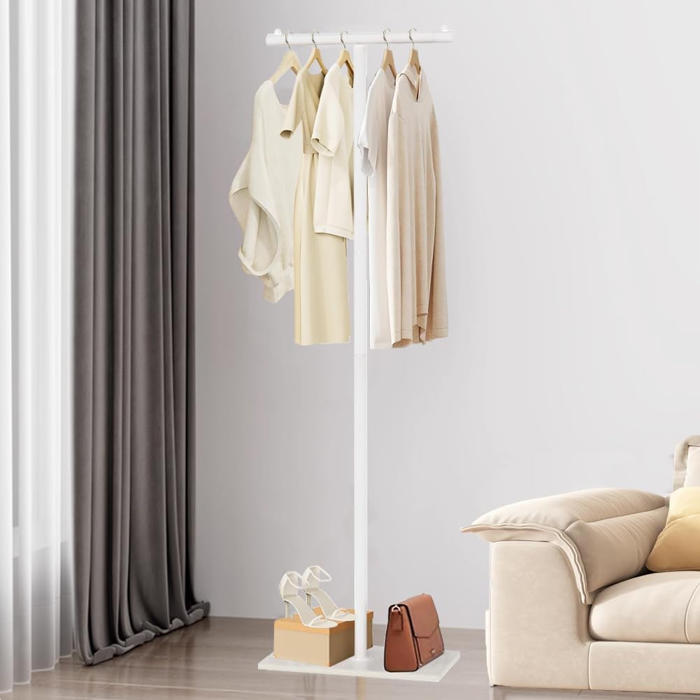 T-Shaped Metal Rack Stand,Modern Clothes Rack With Rock Slab Base,60.3Inch Freestanding Clothing Rack Stand,Suitable For Boutiques, Entryway, Bedroom, Living Room, Hallway, (White, 60.3Inch)