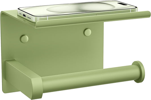 Tindbea Toilet Paper Holder with Shelf Adhesive or Screw Wall Mounted Toilet Paper Roll Dispenser Storage, Stainless Steel Bathroom Shelf Holder Accessories (Soft Sage Green)