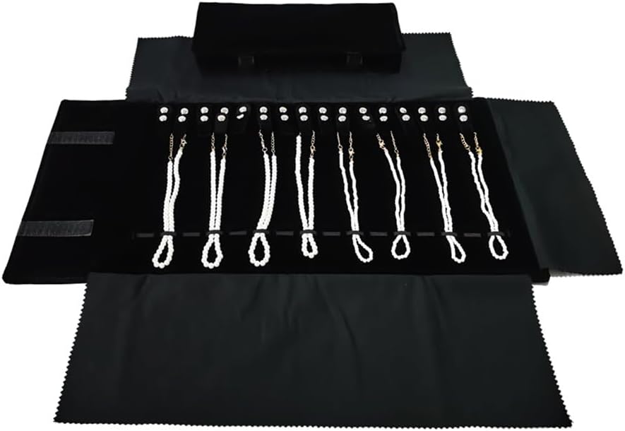 Velet Travel Jewelry Case Roll Bag Organizer for Necklace Bracelet Black Gray Velvet (Black with elastic)