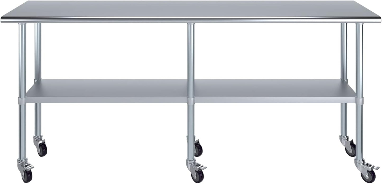 AmGood Stainless Steel Work Table with Casters | Heavy Duty Metal Utility Table On Wheels | Kitchen Island Cart (84" Long x 18" Deep)