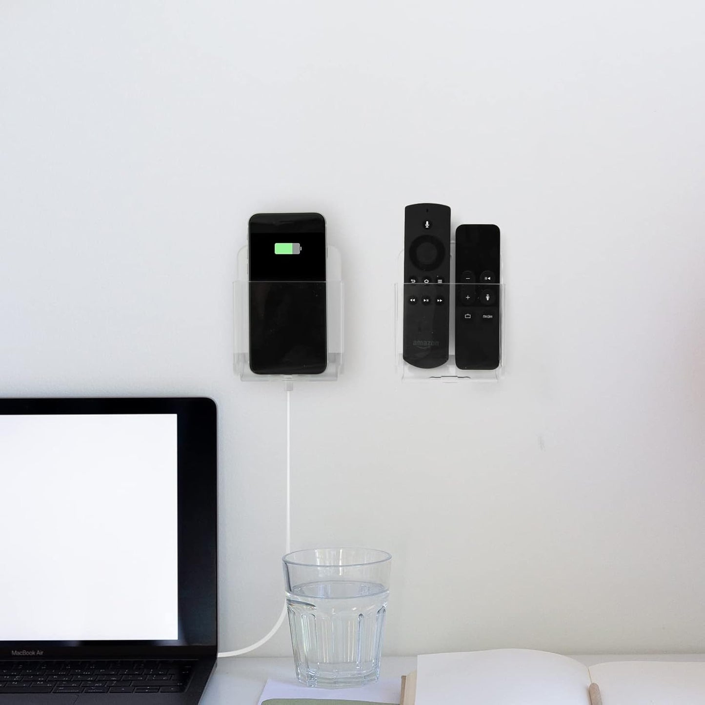 Cosmos Pack of 2 Acrylic Remote Control Holder Adhesive Wall Mount Phone Holder Wall Mount Organizer Media Storage Box Phone Charging Storage Box for Home Office Living Room Bedroom (Transparent)