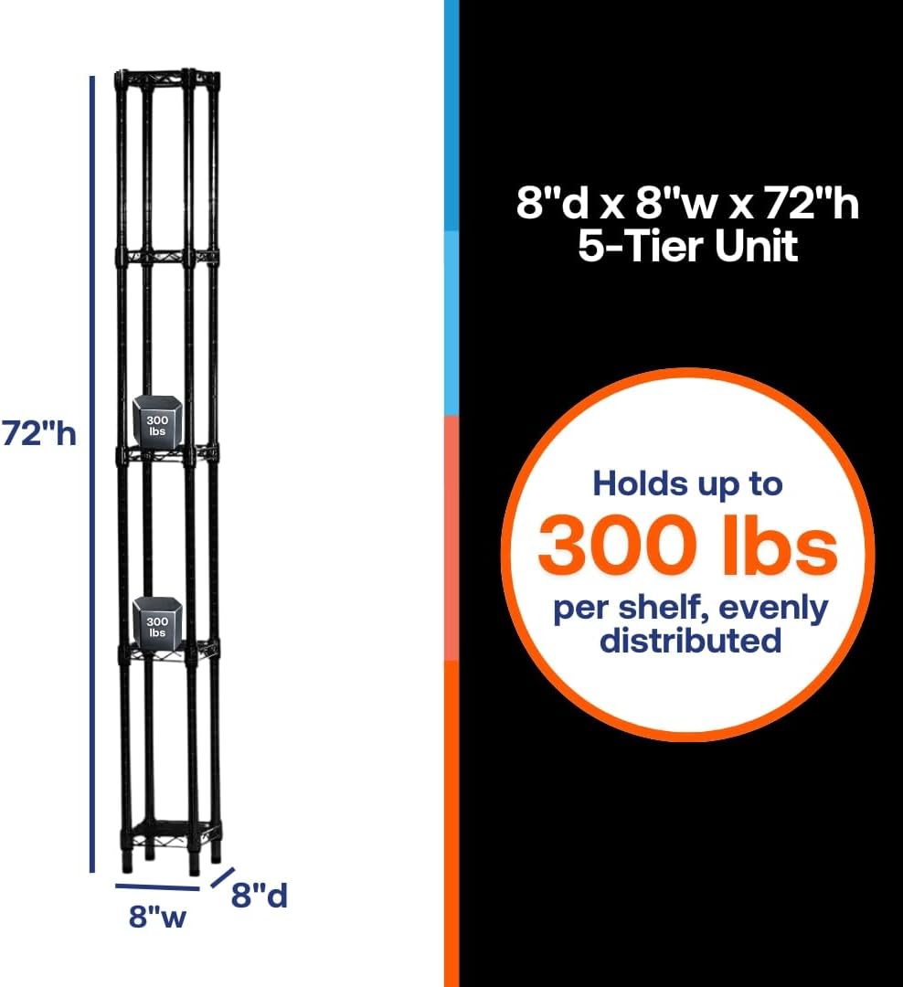 Shelving Inc. 8" d x 8" w x 72" h Black Wire Shelving with 5 Tier Shelves, Weight Capacity 300lbs Per Shelf