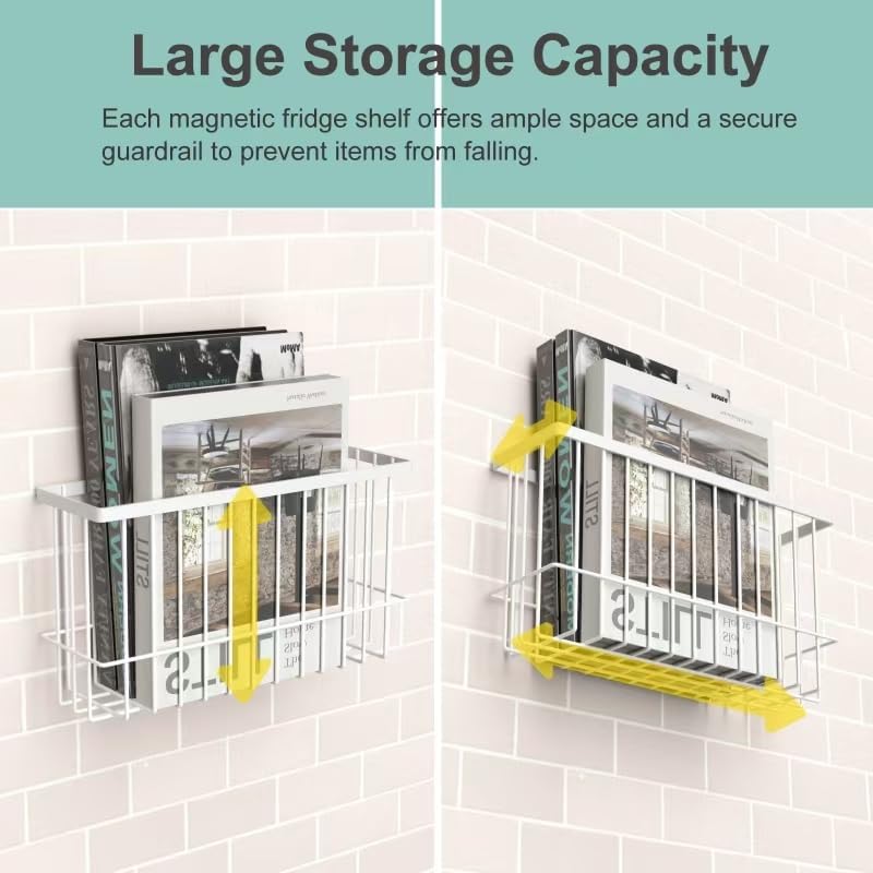 Magnetic Refrigerator Baskets, Fridge Spice Rack Organizer with Hooks, Strong Magnet Metal Hanging Wire Storage Basket Storage Bin Box Container for Pegboard /Refrigerator/Whiteboard/Locker-White