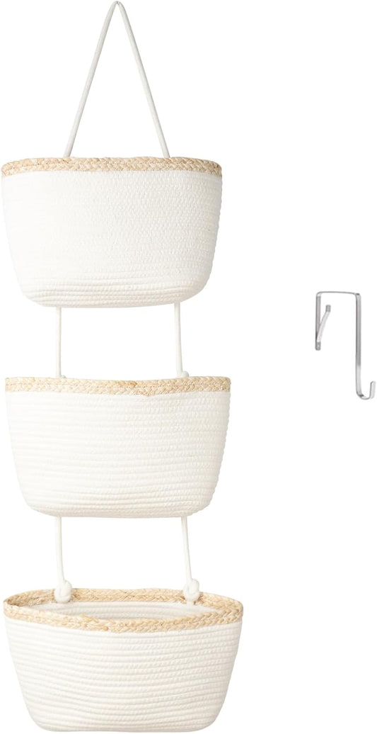 TeoKJ Over the Door Hanging Basket, 3-Tier Woven Cotton Wall-Mounted Storage Organizer Bag Decorative Hanging Nursery Baskets, White & Light Brown