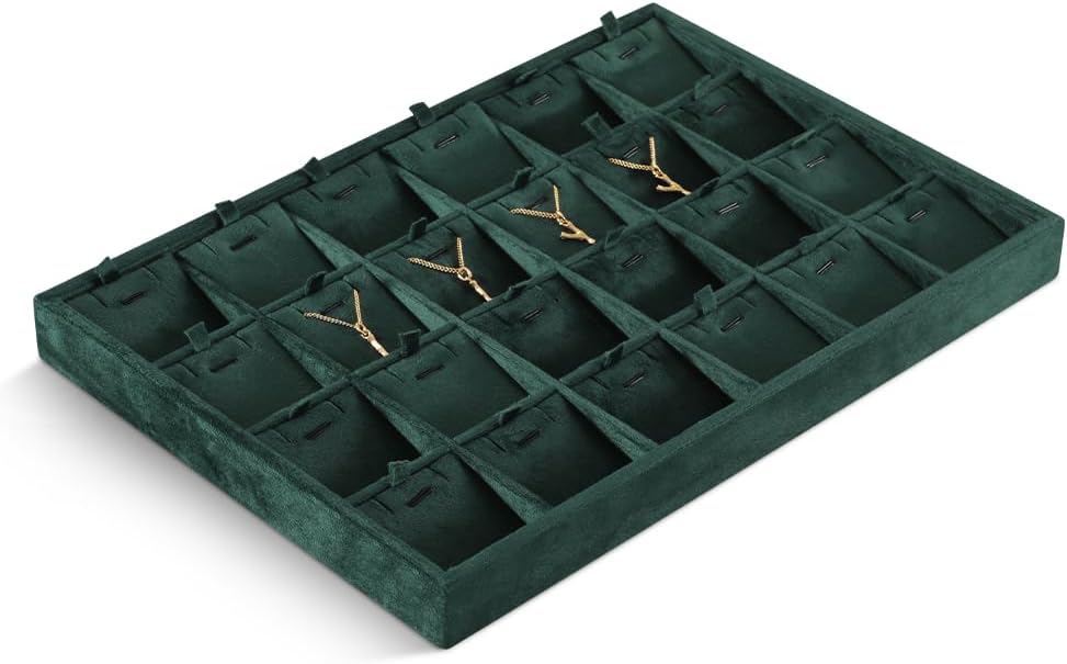 Velvet Necklace Display Tray, Stackable 24 Grid Insert Pendant Necklaces Storage Holder Plate, Jewelry Retail Countertop Organizer (Green)
