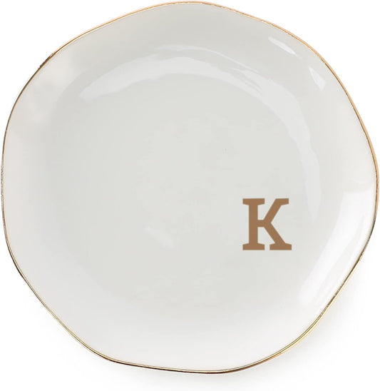 Initials Ring Dish Jewery Tray with personalized K-Monogrammed Gifts Wedding Engagement for Women Friends sister,Ceramic White