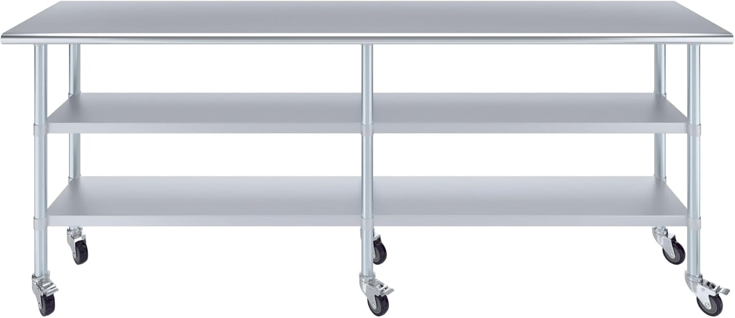 AmGood Stainless Steel Work Table with 2 Shelves and Casters | Metal Utility Table On Wheels (Stainless Steel, 96" Long x 18" Deep)