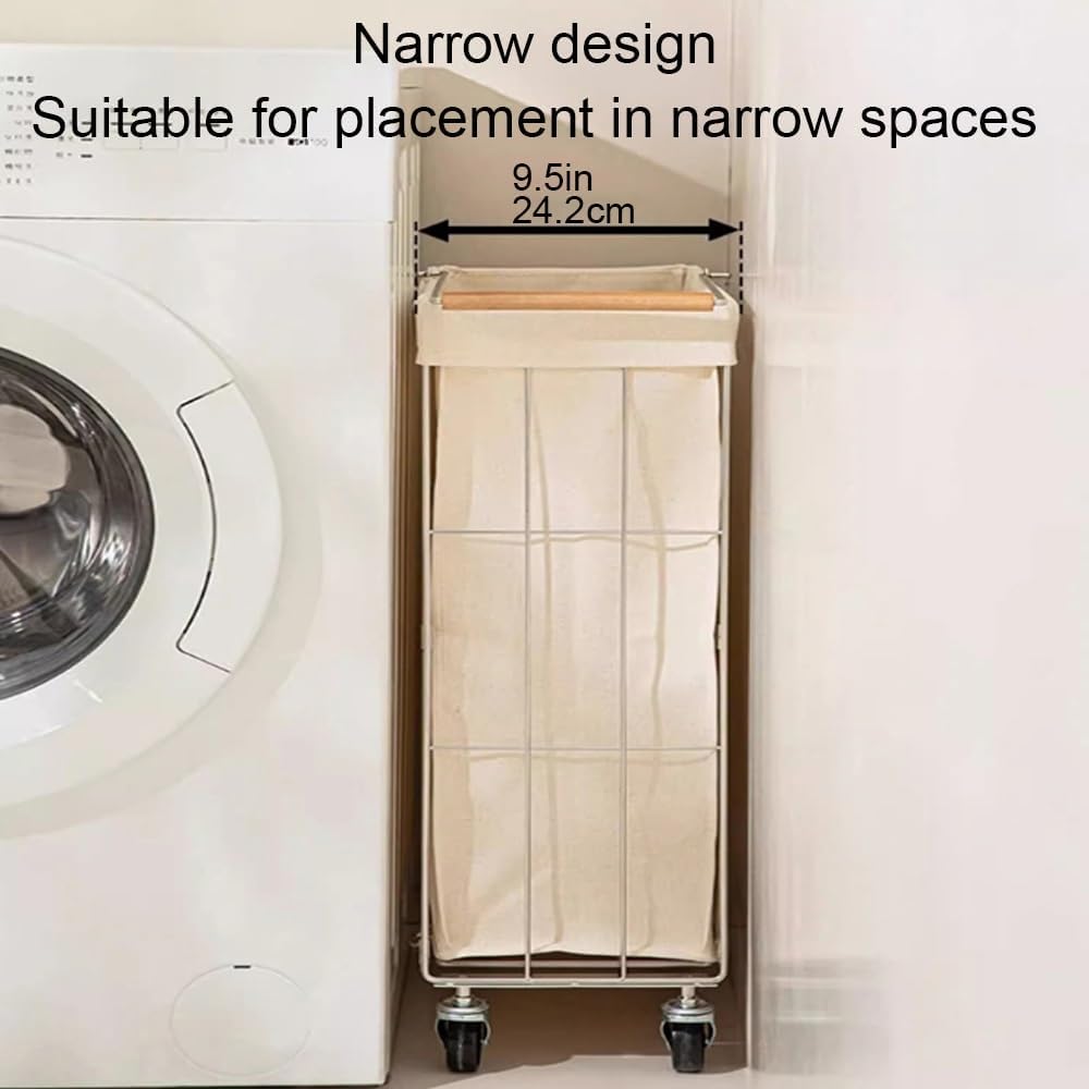 Rolling Laundry Cart with Baskets, Stainless Steel Hamper with Wheels, Slim Laundry Basket Organizer, Foldable Rolling Hamper for Bathroom and Living Room