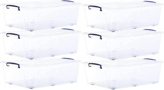 Superio Storage Bins with Lids- Clear Boxes for Organizing, Stackable Plastic Containers- BPA Free, Non-Toxic, Odor Free, Organizer for Home, Office, Dorm (6 Pack, 42 Qt (Under Bed-Wheeled))