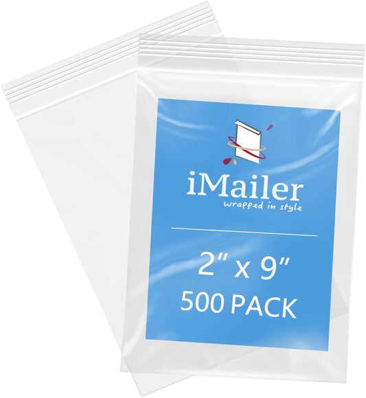 iMailer - 2" x 9" 500 Pack- 2 Mil Resealable Zip Bags- Small Clear Plastic Bags for Storage, Organizing, Crafts, Snacks, Jewelry, Hardware