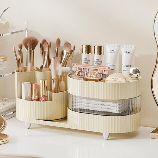 Ivory Rotating Vanity Organizer with Drawer & Brush Holder - 3 Layer Cosmetic Skincare & Perfume Storage - Countertop Makeup Display Case