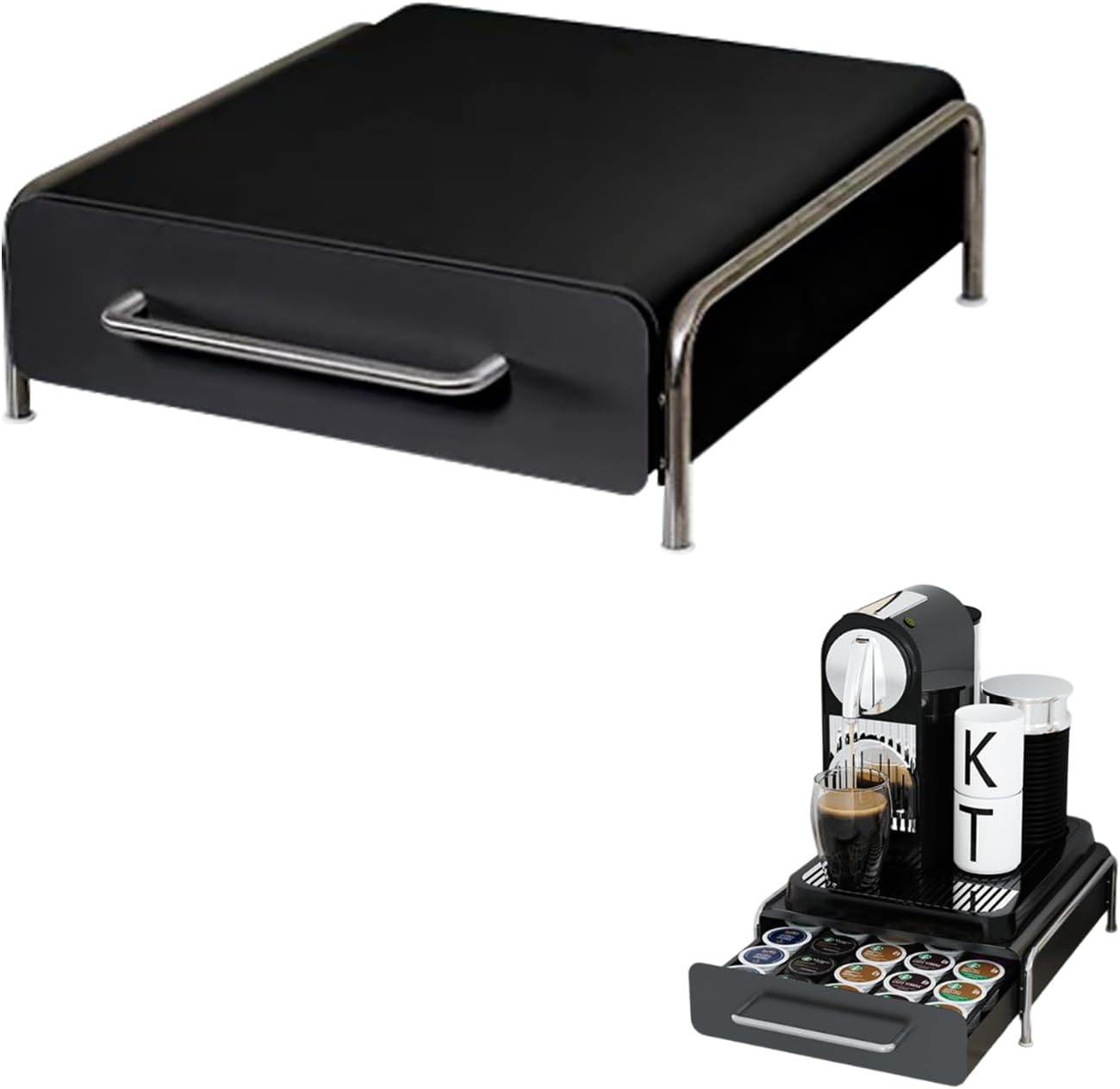 Pod Holder Drawer Capsule Organizer, Pull Out Coffee Pods Storage, Slide Out Drawers Holder for Capsules, Under Brewer Storage Sliding Drawer, Home Kitchen Counter Organization (Black, L)