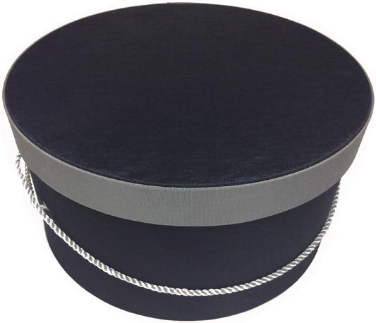 Sarah's Hat Boxes Classic Black/Gray Hat Box – 8.75" x 4.5" (Dia. x Ht.) Handmade in USA – Odorless Non-Toxic Adhesive, Cording Handle – Premium Storage for Hats & Accessories