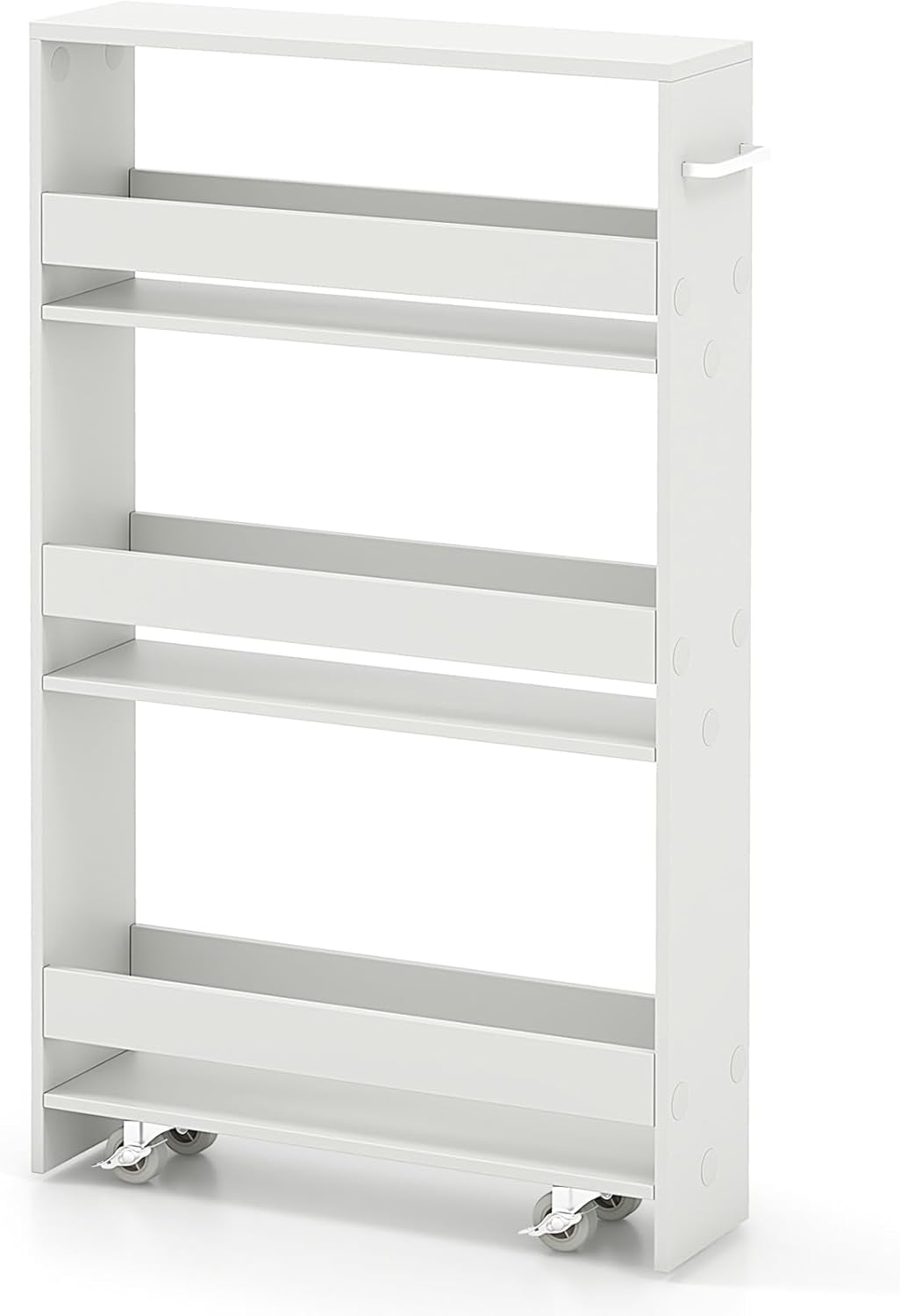 MAT EXPERT Slim Rolling Storage Cart, 4-Tier Freestanding Slim Storage Cart with Wheels 360 Degree & Metal Handle, Wooden Utility Cart for Narrow Kitchen, Laundry Room, Bathroom (Plain White)