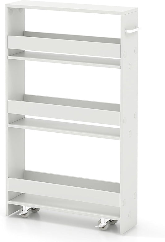 MAT EXPERT Slim Rolling Storage Cart, 4-Tier Freestanding Slim Storage Cart with Wheels 360 Degree & Metal Handle, Wooden Utility Cart for Narrow Kitchen, Laundry Room, Bathroom (Plain White)