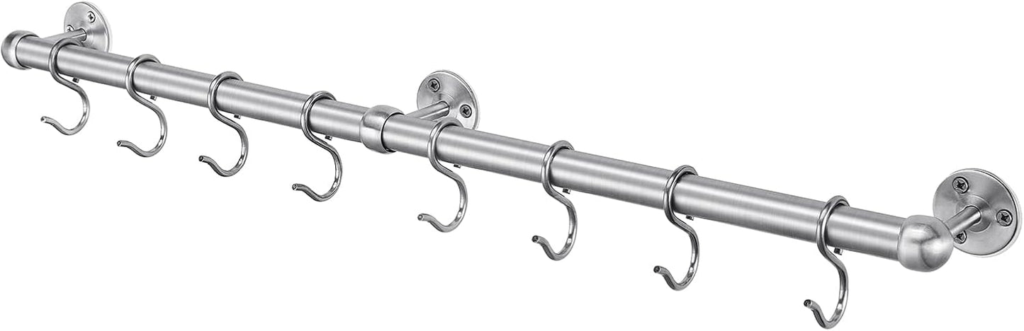 ROTHLEY Stainless Steel Hanging Pot Rack Hanger: 23.7 Inch Pot and Pan Hanger Wall Mounted Hanging Pot Bar Rack Heavy Duty Pot Hangers Kitchen Rail with 8 S Hooks (Brushed)