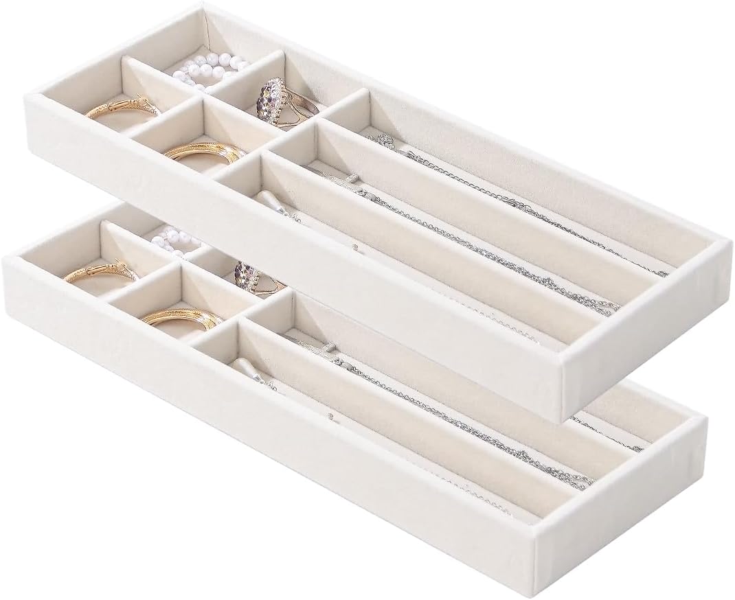 2Pcs Desk Drawer Storage Tray, Nightstand Organizer Tray, Necklace Bracelet Ring Earring Jewelry Display Tray, Grid Table Organizer Holder Tray for Sunglass, Phone, Watch, Perfume (7 grid)/Beige