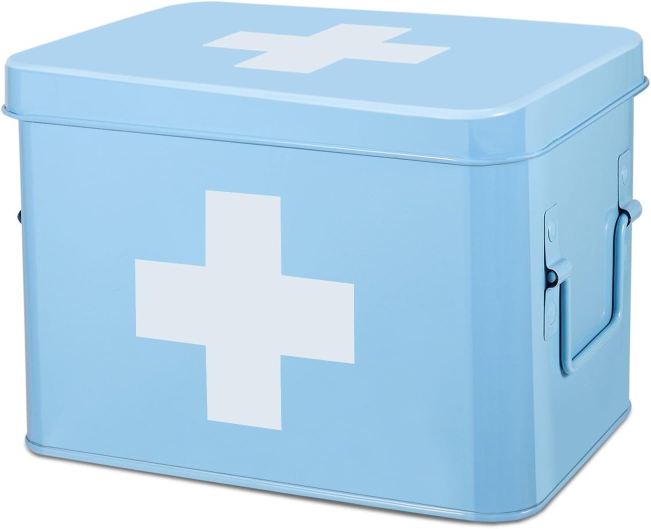 Flexzion First Aid Organizer, 8.5 Inch Blue Vintage Metal Kit Tin With Dividers, Removable Tray and Cross Logo - Empty Medical Storage Container
