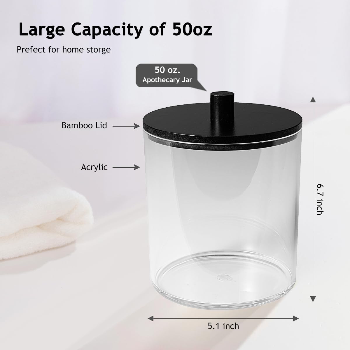 SheeChung 4 Pack 50 Oz Large Apothecary Jar with Bamboo Lid, Laundry Pods Container, Storage Jars for Bathroom Organization, Plastic Canisters with Cute Stickers Spoons(Black)