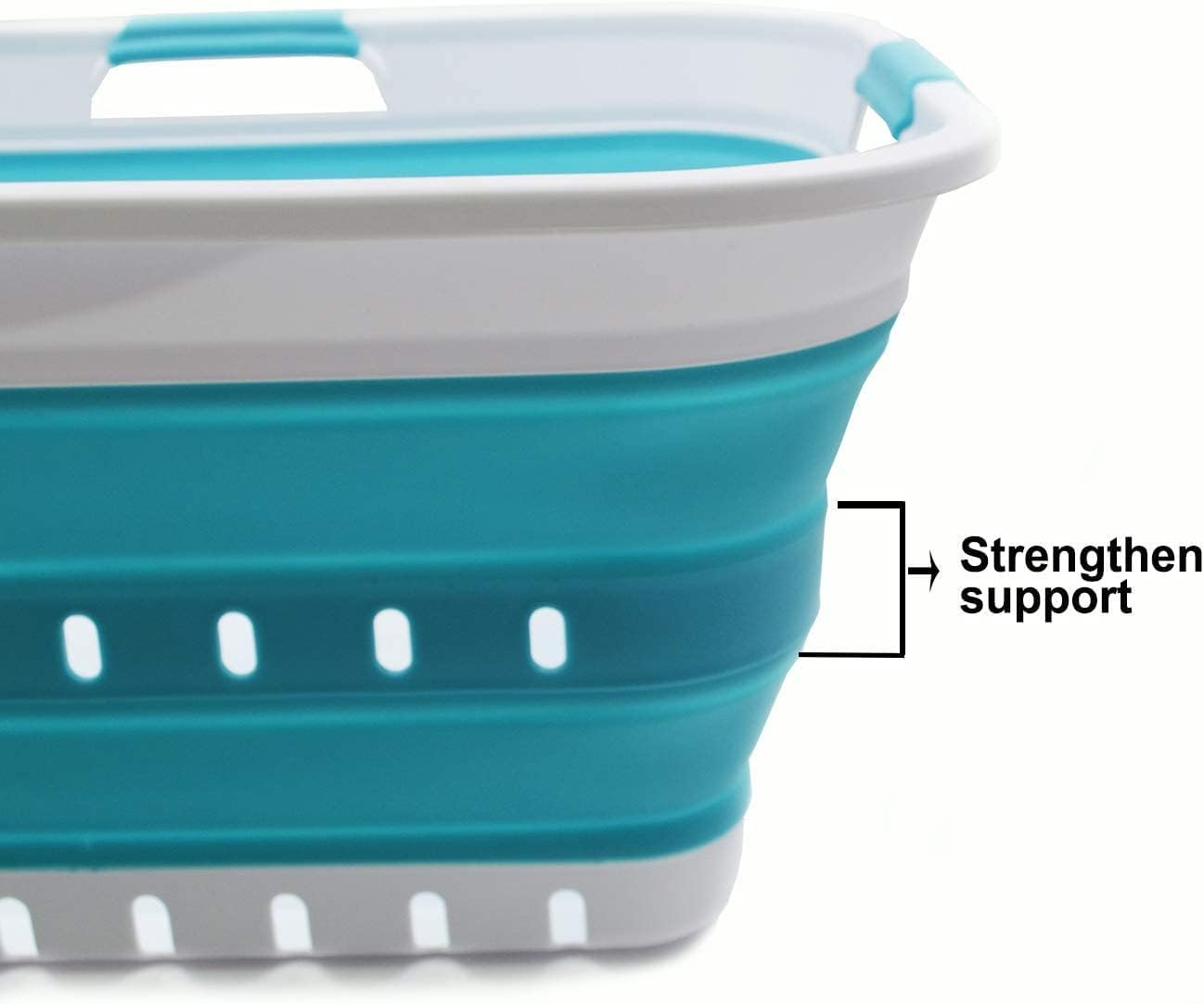SAMMART 42L Collapsible Plastic Laundry Basket - Foldable Pop Up Storage Container/Organizer - Space Saving Hamper/Basket (1, White/Bright Blue)