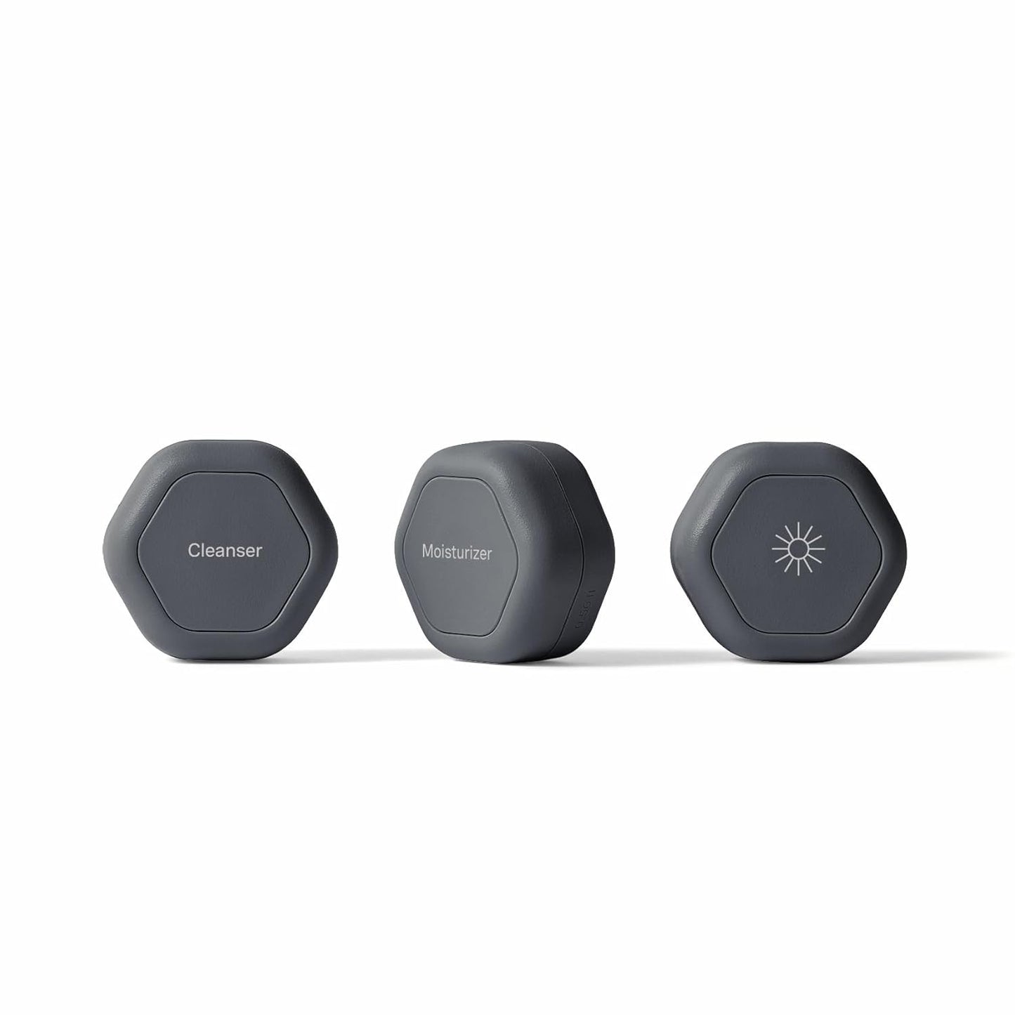 Cadence Travel Containers Basic Skincare Set - Magnetic Containers with Lids,Carry On Travel Essentials For Women/Men - 3 Small Capsules (0.56oz) - Cleanser, Moisturizer & Sun-Icon Labels - Charcoal