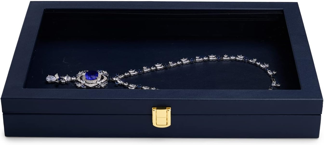 Oirlv Premium Blue Leather Flat Jewelry Tray with Acrylic Lid Jewelry Organizer Case Showcase Big Necklace Display Organizer Box with Locks for Security