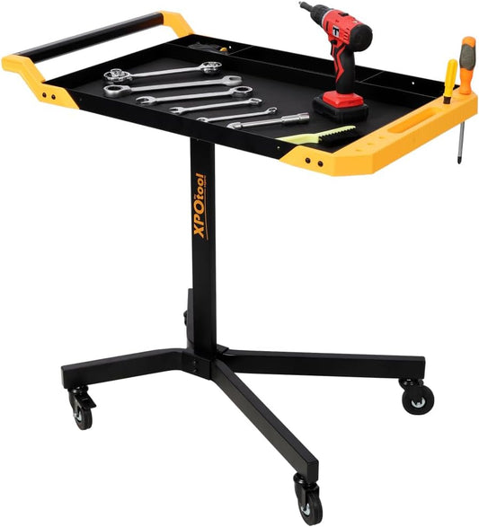 Adjustable Height Mobile Work Table, Rolling Work Bench with Tool Tray and 4 Casters, Portable Rolling Tool Cart for Garage Workshop Repair Shop DIY, 34 to 48 Inch Height Range Stable Luxebough