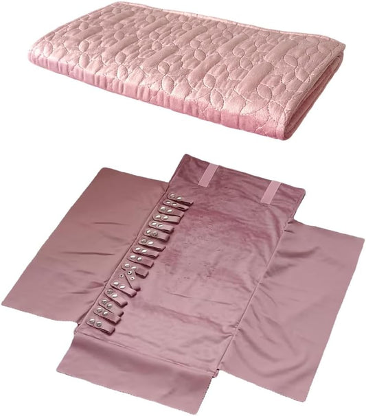 Portable Jewelry Organizers and Storage Travel Holder Necklace Roll - Pink Velvet Embroidery Foldable Case for 16 Necklaces & Chains