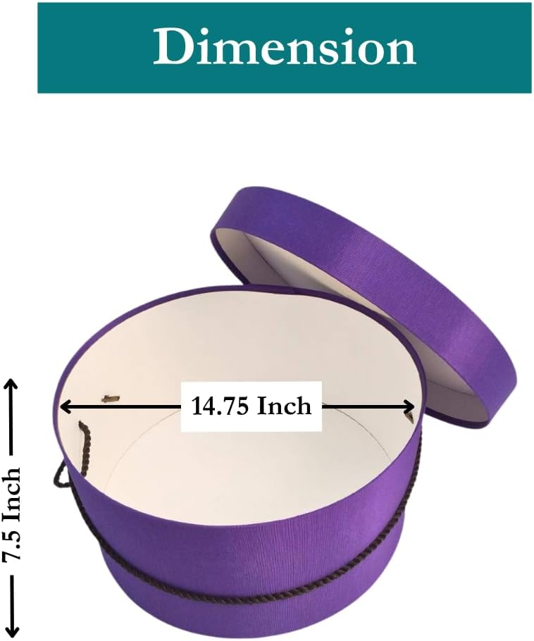 Sarah's Hat Boxes Classic Dark Purple Hat Box – 14.75" x 7.5" (Dia. x Ht.) Handmade in USA – Odorless Non-Toxic Adhesive, Cording Handle – Premium Storage for Hats & Accessories