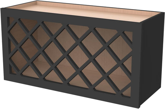 Solid Wood Mocha Wine Bottle Rack Wall Cabinet with Lattice Panels, Wine Storage for Bar, Pantry, Cellar & Basement - 30'W 12'D 18'H (Charcoal Black)
