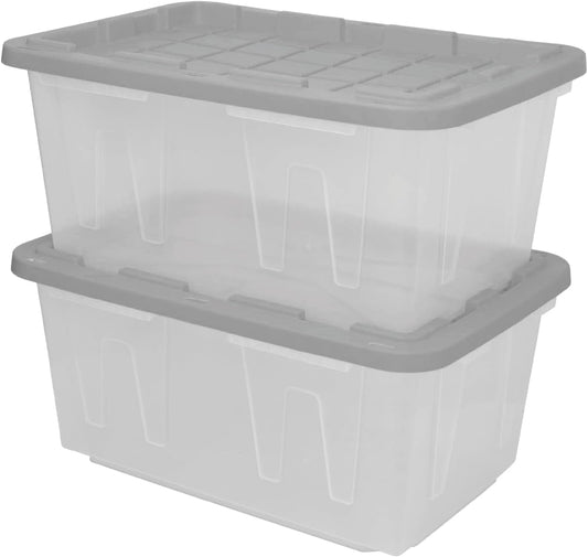 CX BLACK & YELLOW, 27-Gallon Heavy Duty Clear Storage Container & Snap-Tight Lid, Clear & Grey (14.3H x 20.6W x 30.6D), Weather-Resistant, Stackable, See-Through Organization Tote [2 Pack]