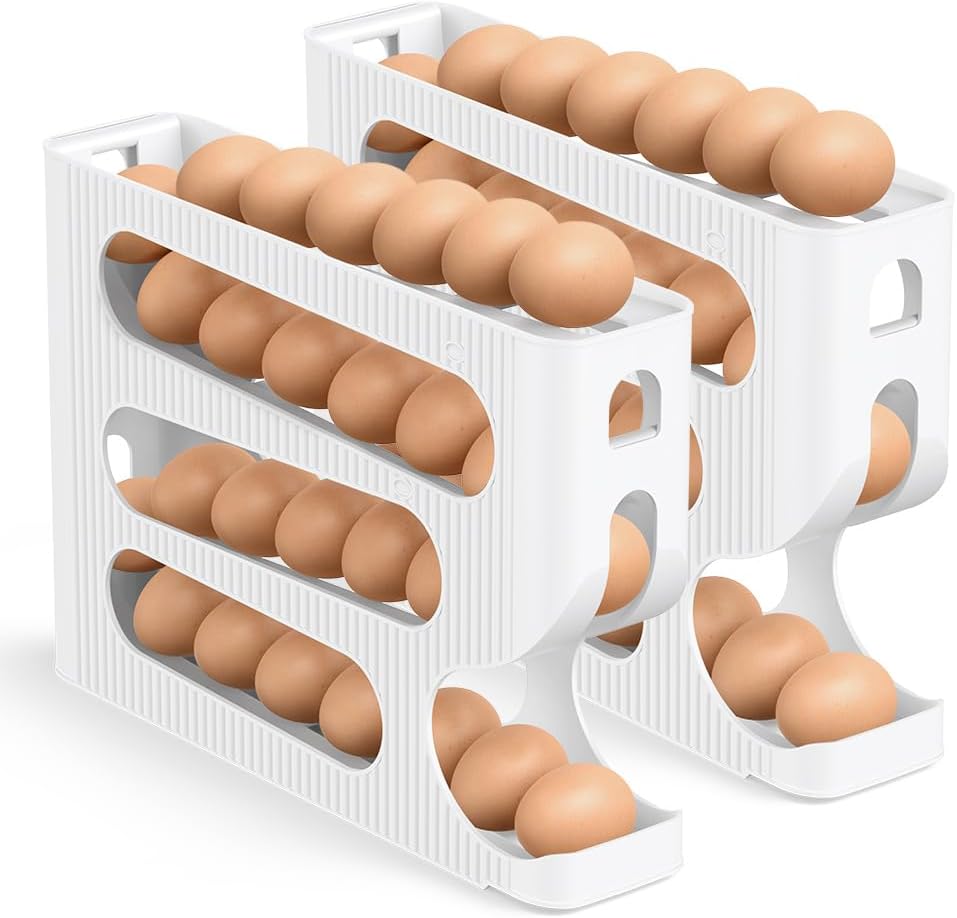 Egg Holder for Fridge, Automatic Rolling Egg Dispenser for Refrigerator, Countertop, Kitchen - Space-saving Egg Roller/Organizer/Storage/Container/Tray for Fridge - 2 Packs for 56 Large Size Eggs