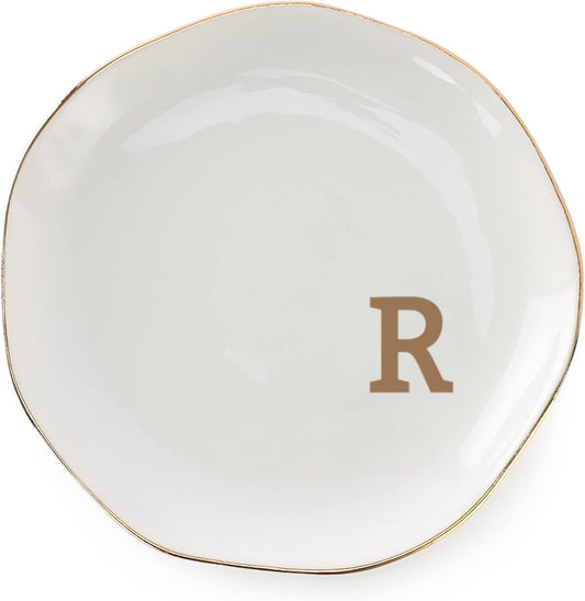 Initials Ring Dish Jewery Tray with Personalized R-Monogrammed Gifts Wedding Engagement for Women Friends Sister,Ceramic White