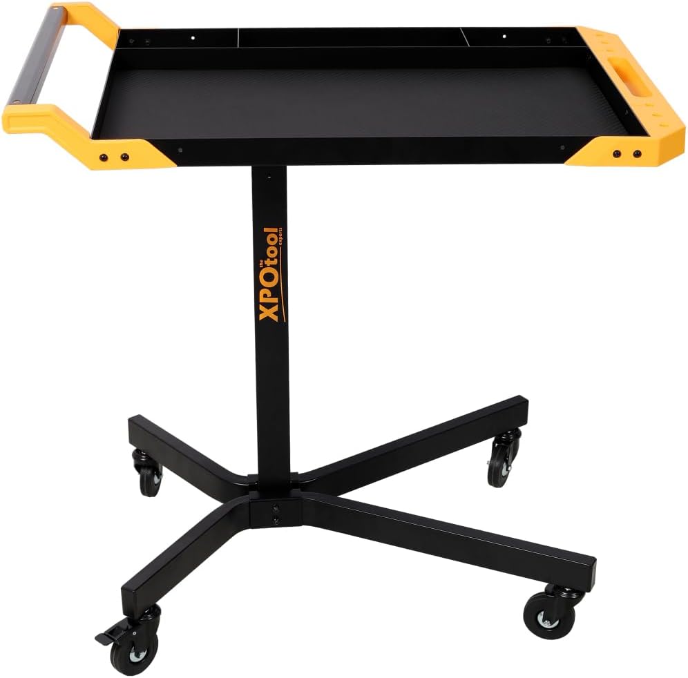 Adjustable Height Mobile Work Table, Rolling Work Bench with Tool Tray and 4 Casters, Portable Rolling Tool Cart for Garage Workshop Repair Shop DIY, 34 to 48 Inch Height Range Stable Luxebough
