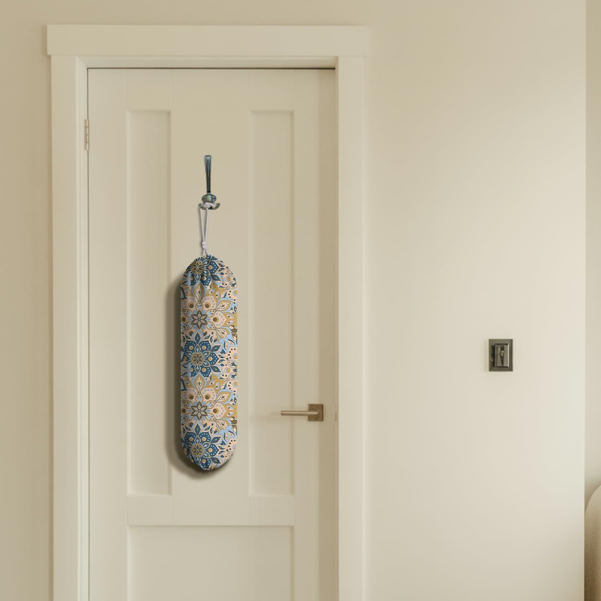 Gray Yellow Plastic Bags Holder, Reusable Fabric Grocery Bag Holder, Wall Mount Shopping Garbage Bags Carrier for Home, Kitchen, Travelling, Kitchen Pattern Garbage Bag 68