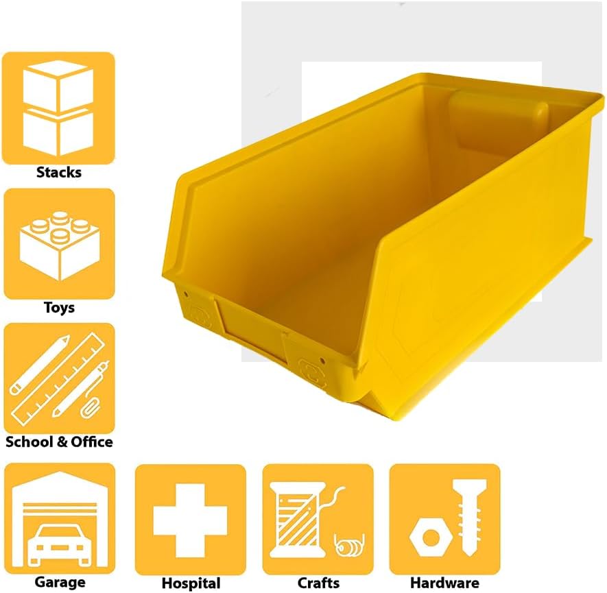6-Pack Storage Bins, Wall Mount, Stackable & Freestanding, 12”x 8” x 6” Plastic Organizers, Utility Containers for Garage, Home, Workshop, Yellow