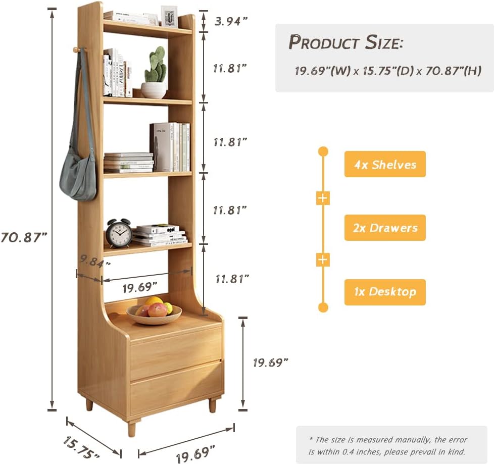 IOTXY Oak Bedside Table Bookshelf - 71" Tall Free Standing Wooden Open Shelf Bookcase with Drawers and 4-Shelves for Bedroom, Bed Side End Table, Nightstand