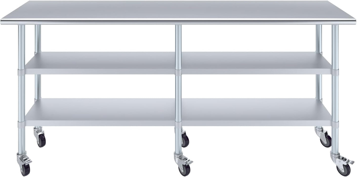 AmGood Stainless Steel Work Table with 2 Shelves and Casters | Metal Utility Table On Wheels (Stainless Steel Work Table with 2 Shelves + Casters, 84" Long x 18" Deep)