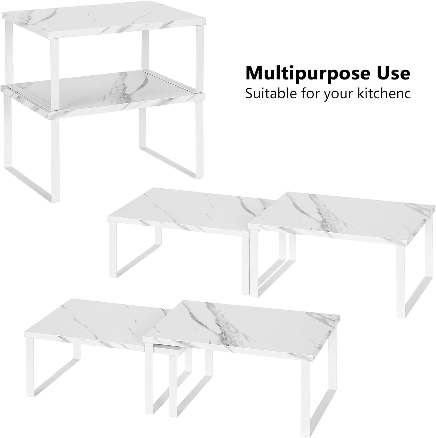 NEX Kitchen Counter Shelf, Stackable Cabinet Shelf Organizers Expandable Countertop Shelf for Pantry, Set of 4, White