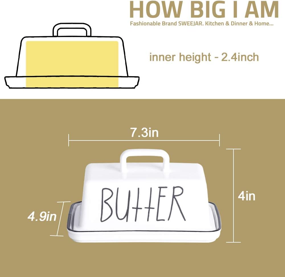 Sweejar Ceramic Butter Dish with Handle Lid, 7.3 Inch Porcelain Large Butter Keeper with Cover, Perfect for East/West Butter (Turquoise)