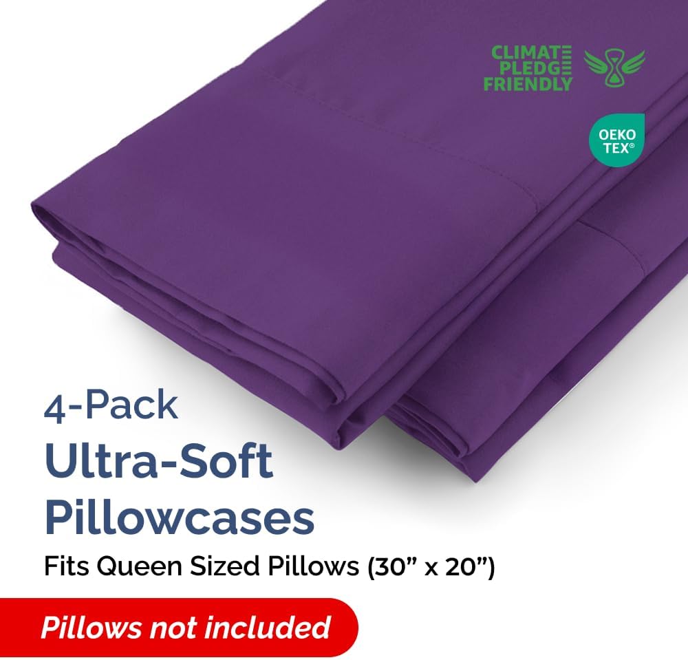 Queen Pillow Cases - 4 Pack - Super Soft Pillowcase Covers - Envelope Enclosure - Hotel Quality Pillow Protectors - Wrinkle Free, Fade, Shrink & Stain Resistant - Machine Washable - 20" x 30" (Purple)